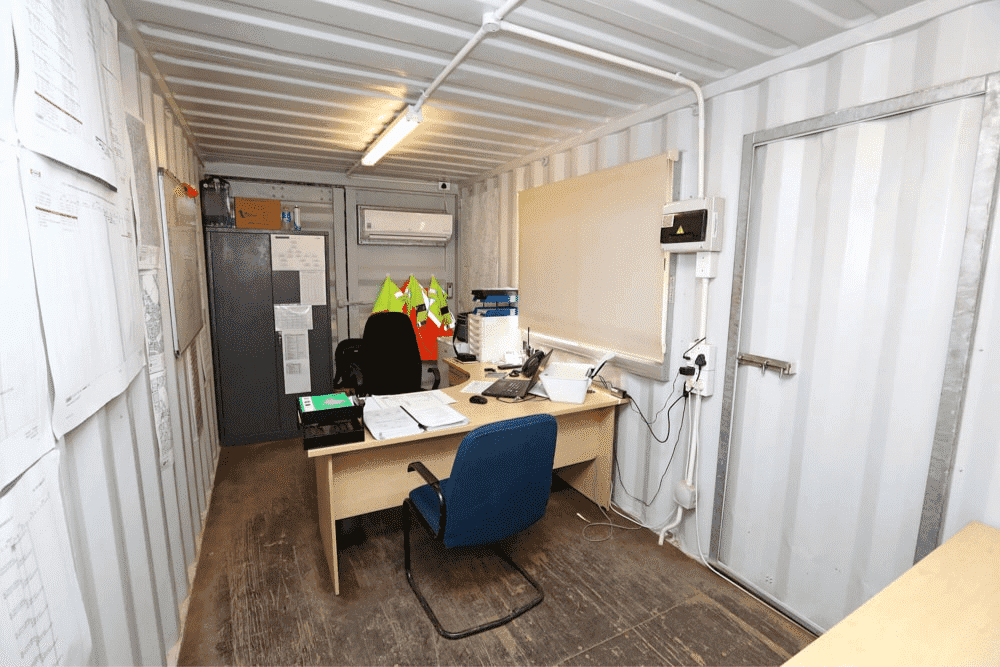 Shipping container repurposed as a functional and stylish office.