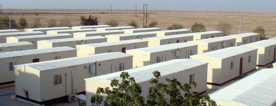 Row of prefabricated modular buildings.