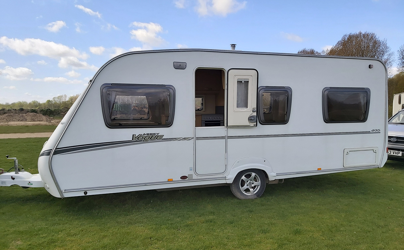 Caravan parked on a grassy field