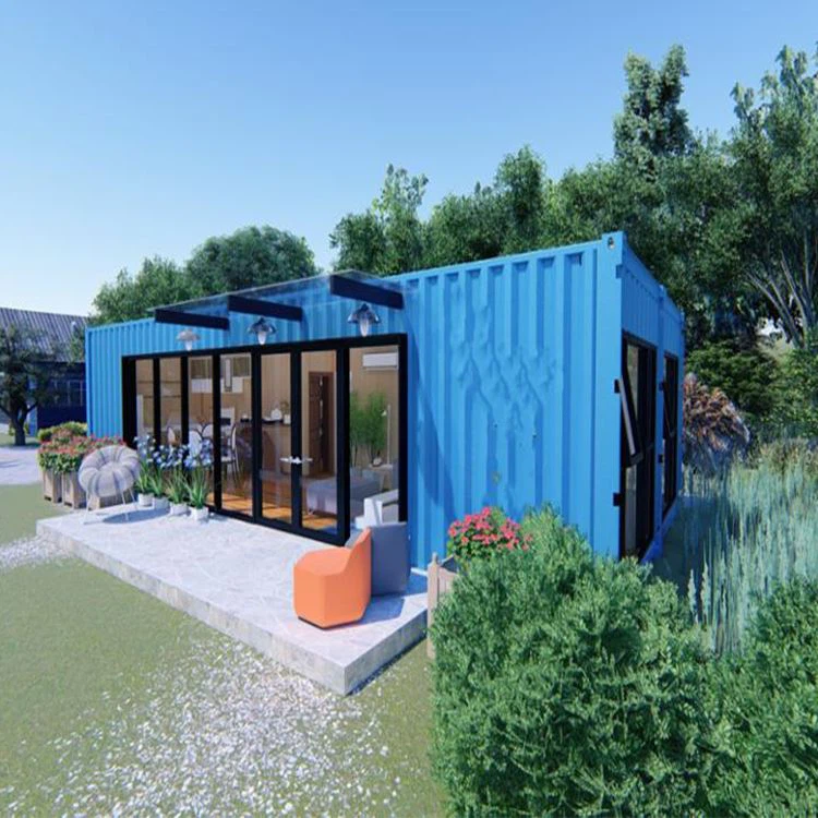 Blue shipping container converted into a home.