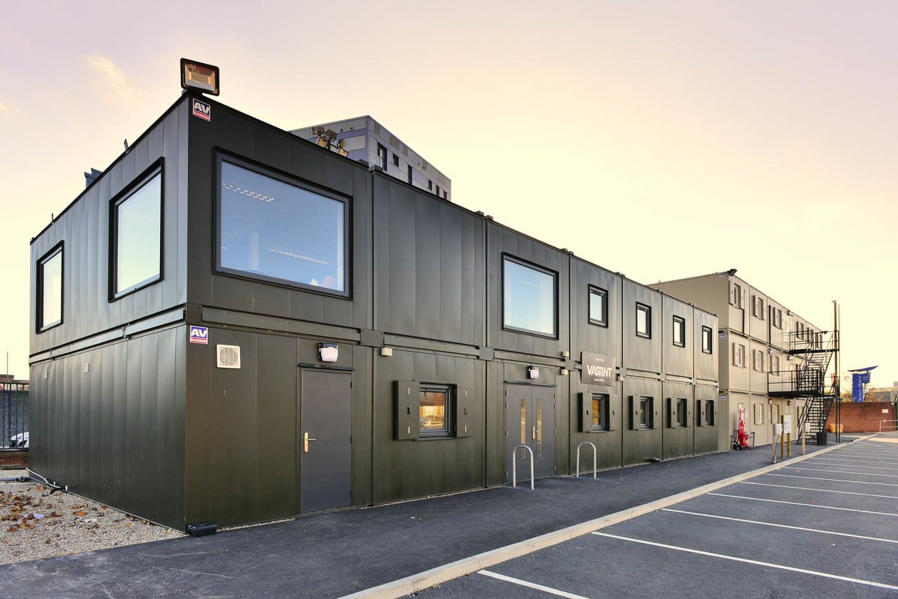 Row of modular buildings with windows